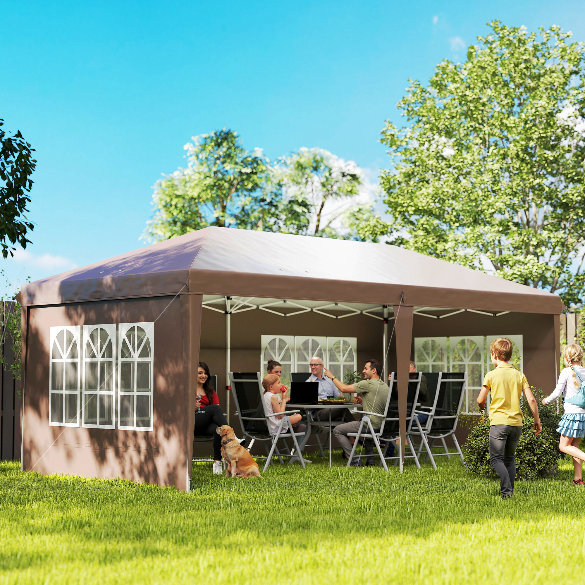 Carpa Plegable 6x3 m, Pop-up, con 4 Laterales Desmontables, Cenador de Jardín con 4 Ventanas Visibles y Bolsa de Transporte, Impermeable, Anti-UV, Gazebo para Camping, Fiestas, Exterior, Café