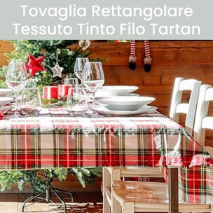 Runner natalizio rettangolare in cotone tartan con lurex, elegante decorazione per tavola delle feste, design scozzese raffinato e luminoso, resistente e pratico, facile da lavare, ideale per pranzi e cene natalizie, Made in Italy