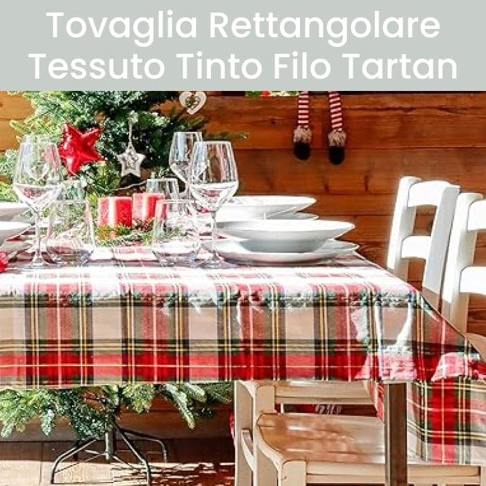 Runner natalizio rettangolare in cotone tartan con lurex, elegante decorazione per tavola delle feste, design scozzese raffinato e luminoso, resistente e pratico, facile da lavare, ideale per pranzi e cene natalizie, Made in Italy