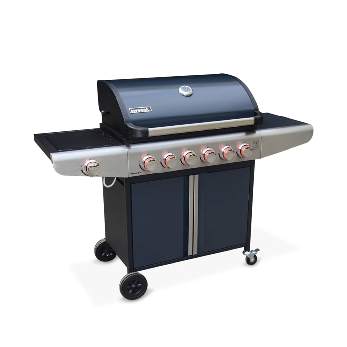Barbecue au gaz - Bazin 6 Gris anthracite -  Cuisine extérieure 6 brûleurs dont 1 feu latéral avec tablettes et thermomètre. rangement. roues