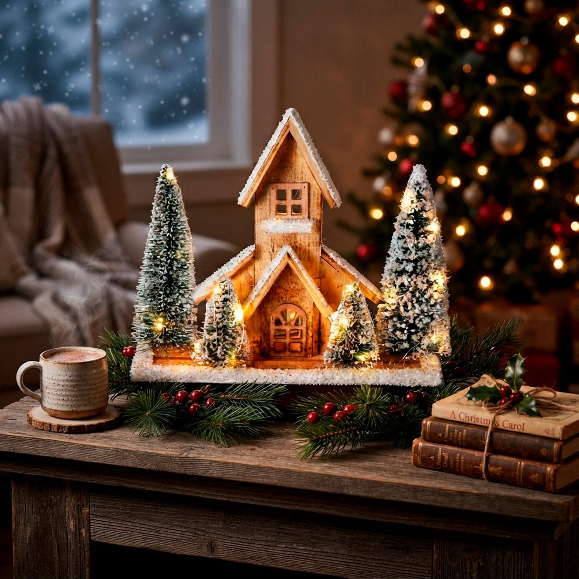 Casa navideña de madera con led blanco cálido y 4 árboles nevados, temporizador 6h 32x9x27 cm