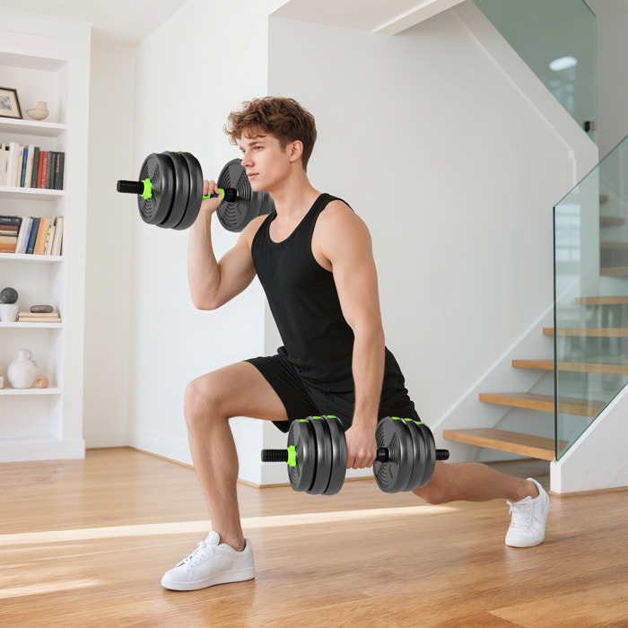 Ensemble d'haltères musculation multifonction 3 en 1 - haltères, Olympic barre, Curl EZ barre - total 20Kg - PVC vert noir