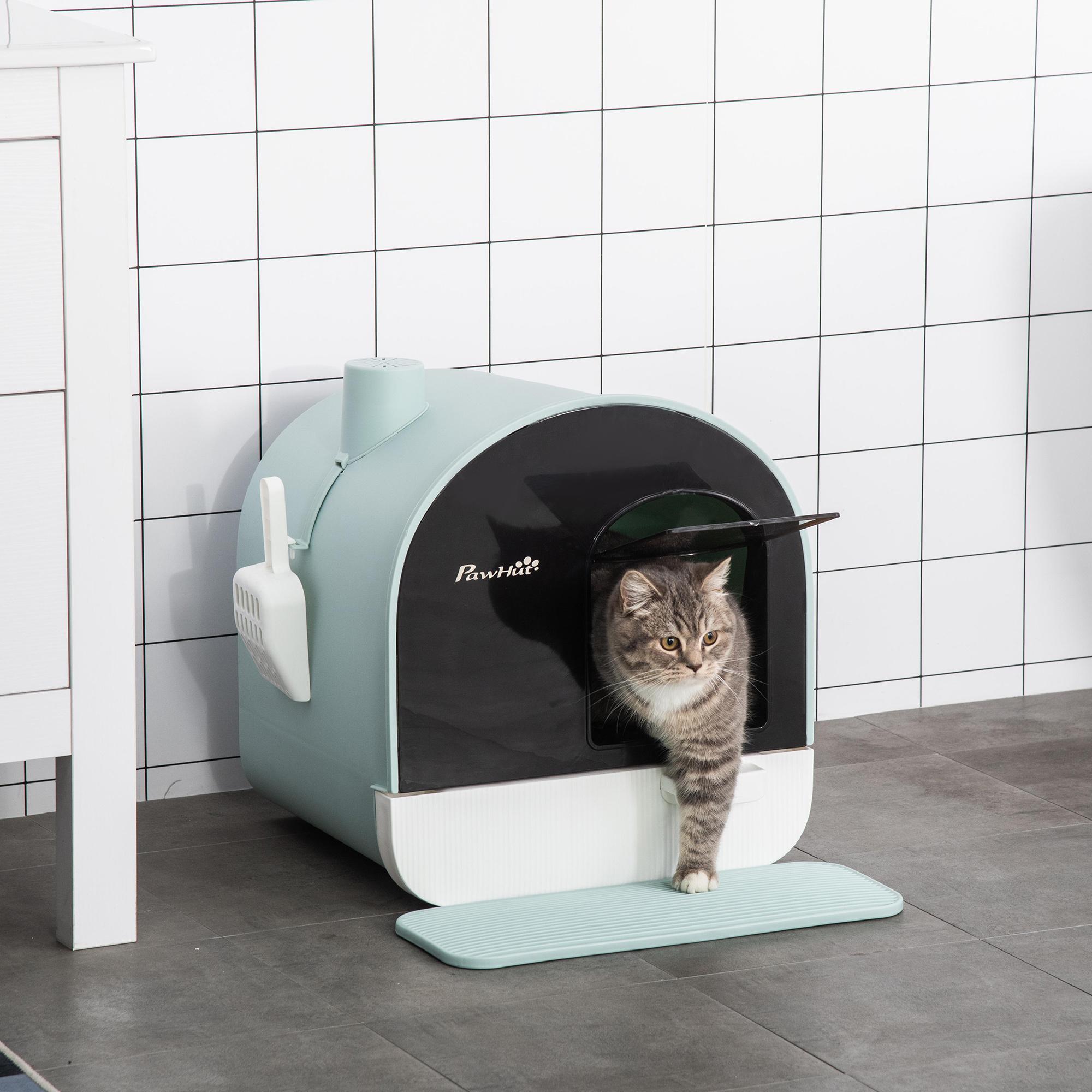 Maison de toilette bac à litière pour chat avec porte battante, pelle et filtre inclus dim. 43L x 44l x 47H cm PP bleu