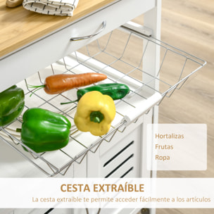 HOMCOM Carrito de Cocina con Ruedas Carro de Almacenamiento Multiuso con Encimera de Bambú Cajón Cesta Metálica y Armario de 2 Puertas de Persiana 58x37x83 cm Blanco