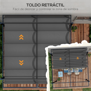 Pérgola 3x4 m Gazebo Cenador de Jardín con Techo Retráctil de Poliéster y 12 Orificios de Drenaje Pérgola para Patio Terraza Exterior Gris Oscuro