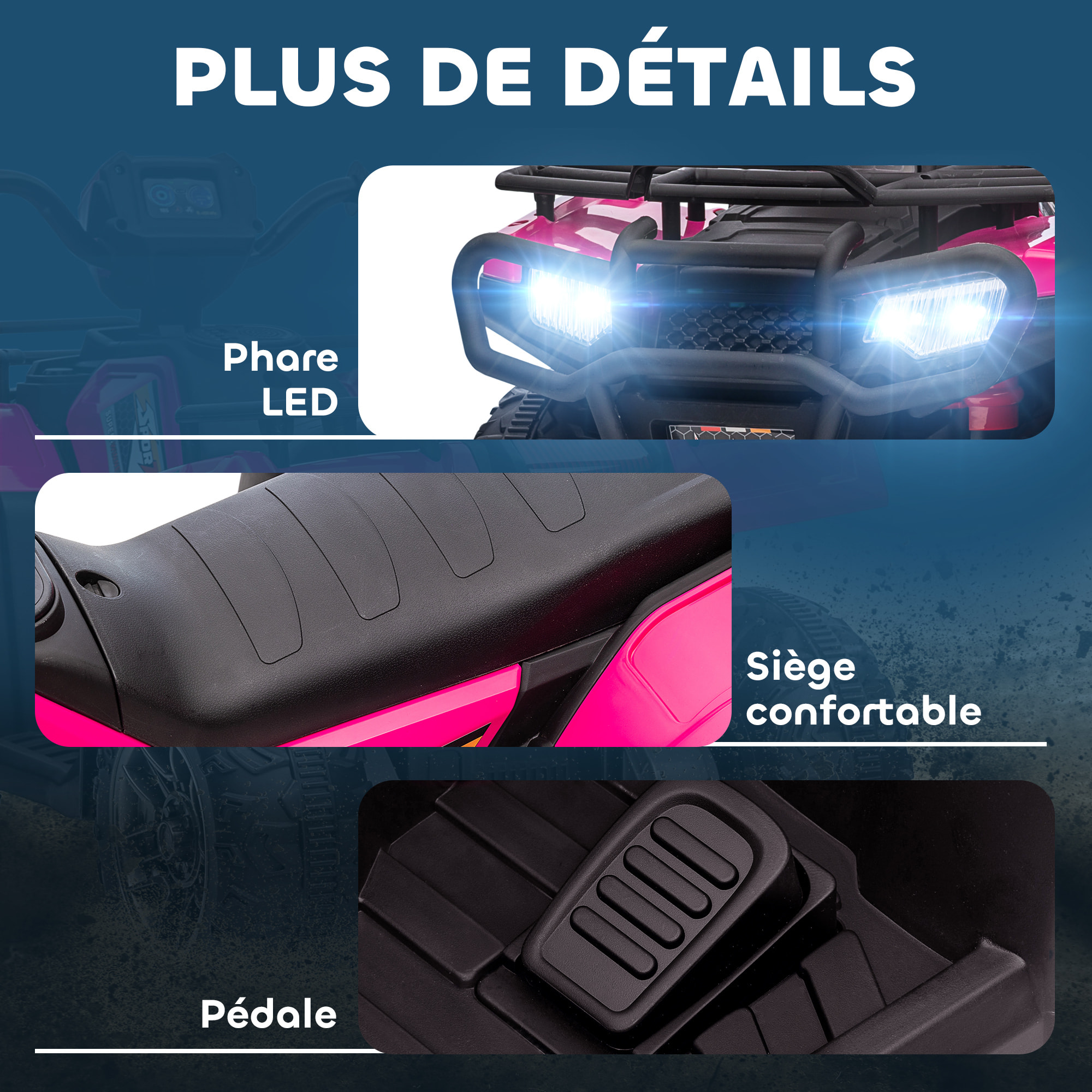 Quad électrique enfant 12V 2 moteurs vitesse 2-4Km/h effets lumineux sonores rose