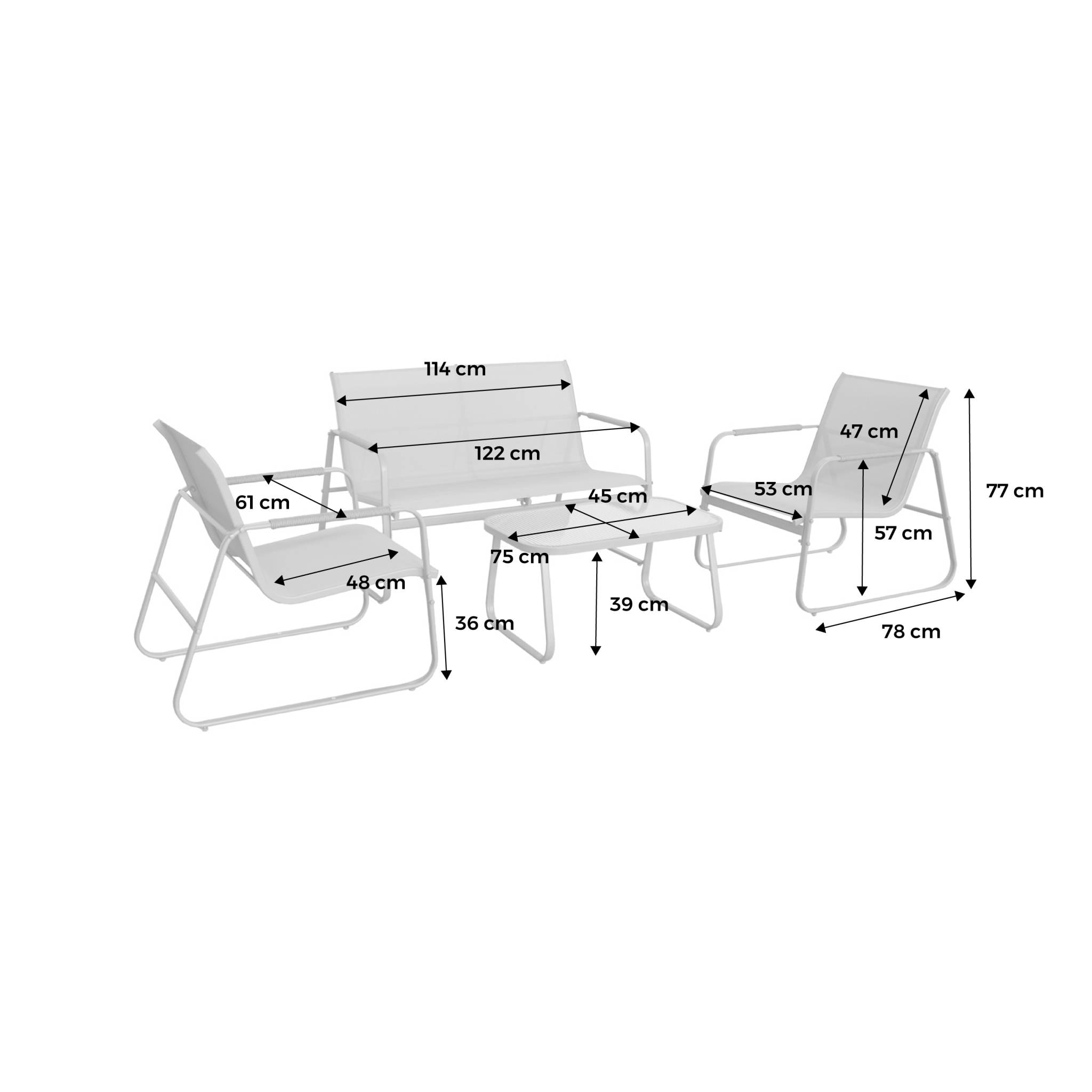 Salon de jardin blanc NOTO acier. 4 places. un canapé. une table. deux fauteuils textilene