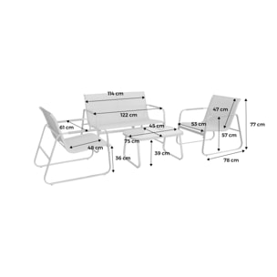 Salon de jardin blanc NOTO acier. 4 places. un canapé. une table. deux fauteuils textilene