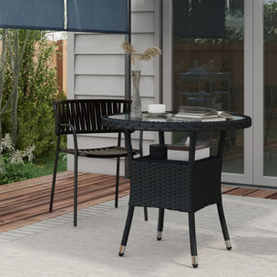 Table ronde de jardin résine tressée plateau verre trempé avec étagère noir