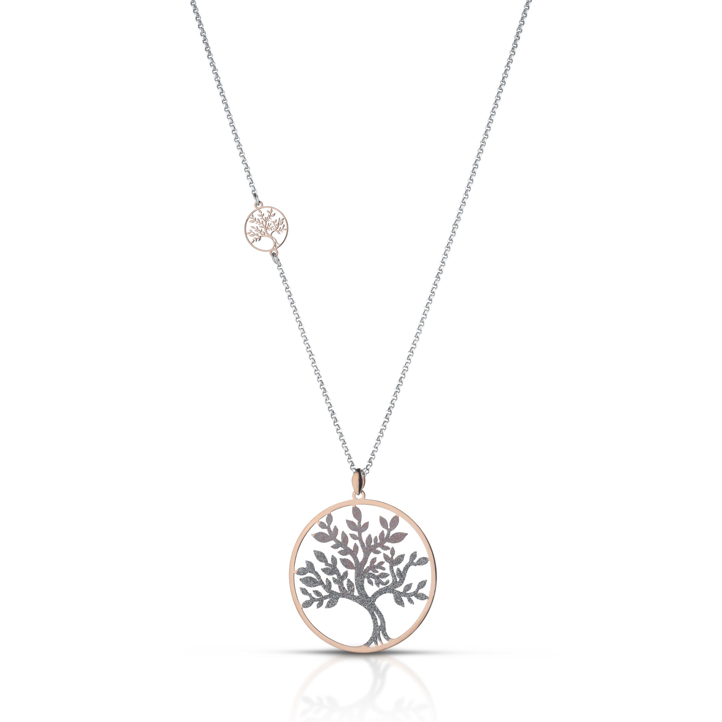 Collana Hiriwa 925 Lunga Albero Della Vita Glitter Rosè Argento Bicolore