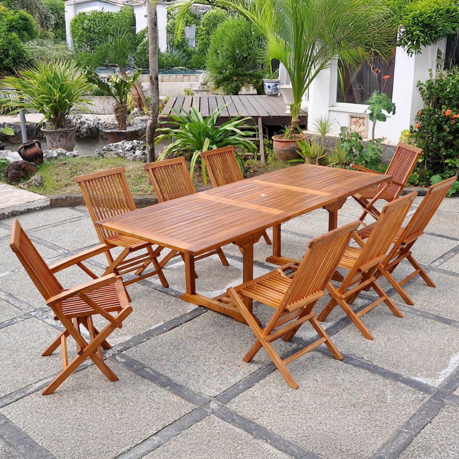 NARRA Table rectangulaire 6 chaises et 2 fauteuils en teck huilé