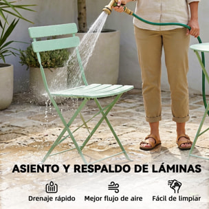 Conjunto de Mesa y Sillas de Terraza Exterior Plegable 3 Piezas, Muebles de Jardín Exterior con 2 Sillas Plegables, Mesa Redonda, Estructura Metálica Electrofórica para Patio, Balcón, Verde