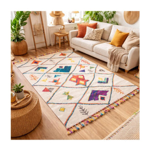 Tapis Mevo crème et multicolore motif traditionnel berbère