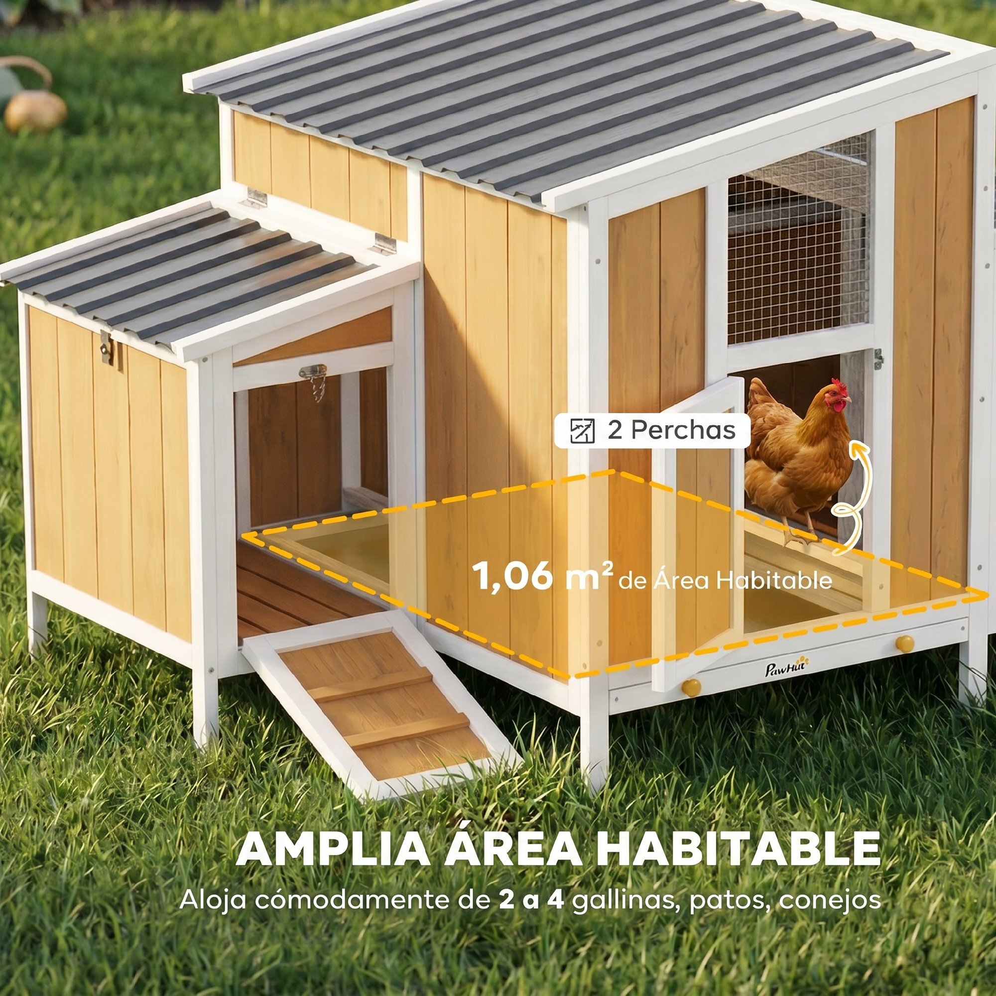 Gallinero para Exterior de Madera, 145x90x92 cm, para 2-4 Gallinas, Gallinero con Nido, Casa Lateral, Bandeja Extraíble, Techo Impermeable, Puertas con Cerradura, Perchas, Conejera, Amarillo