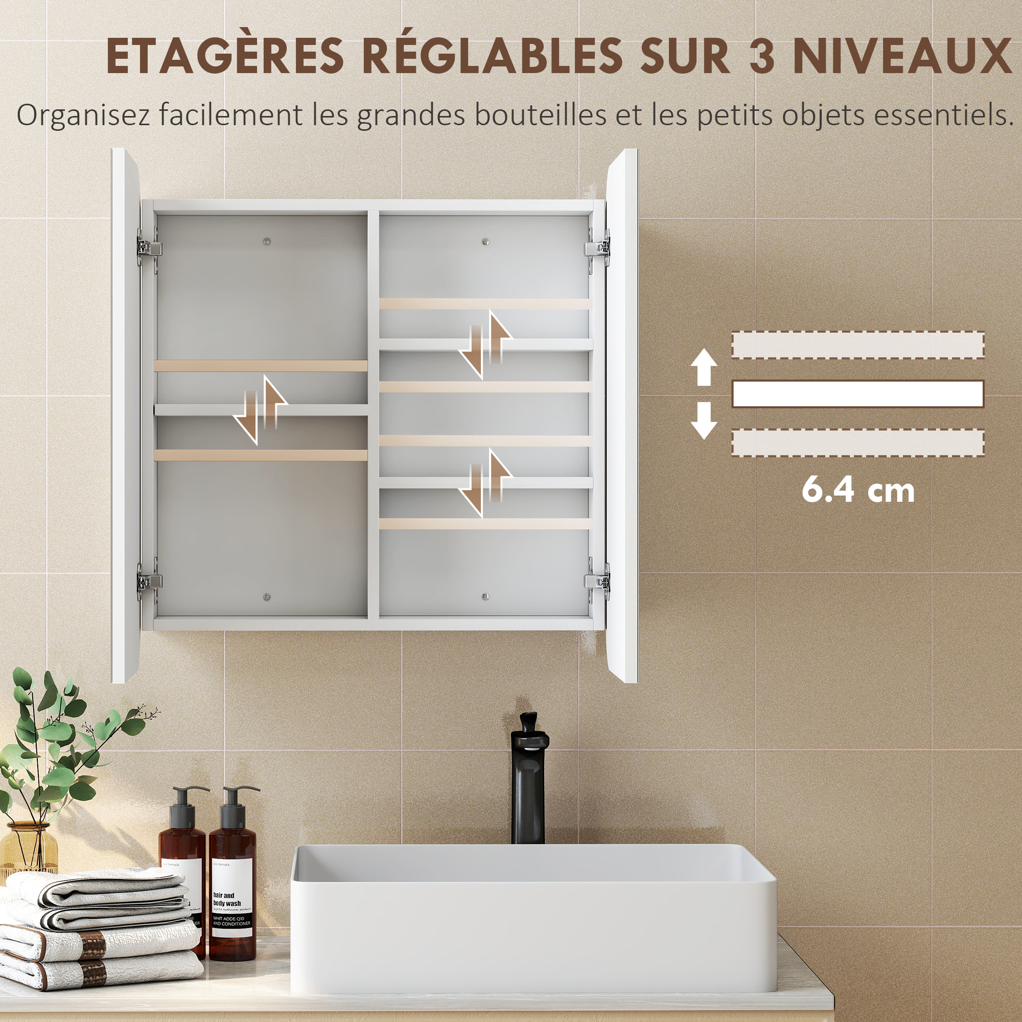 Armoire miroir murale salle de bain design arqué 2 portes dim. 68 x 13 x 66 cm blanc