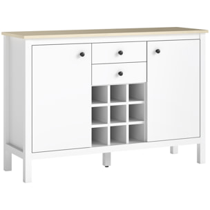 Buffet 2 tiroirs, 2 portes étagères réglables, range-bouteilles 9 max. - blanc bois clair