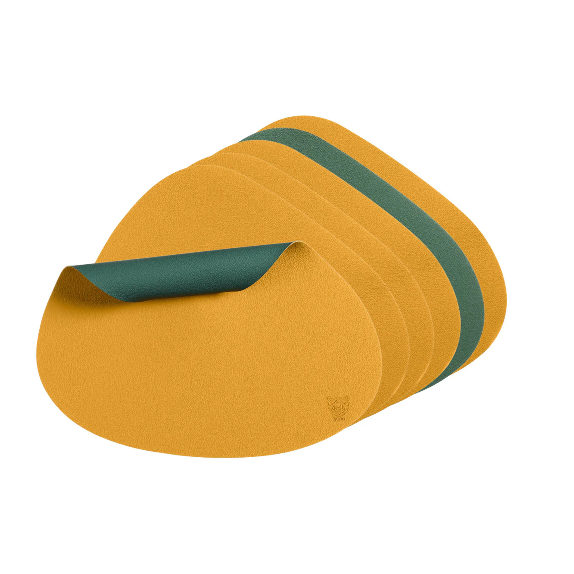 Set de table curve réversible - 6 pièces - Cuir recyclé jaune moutarde et vert sapin