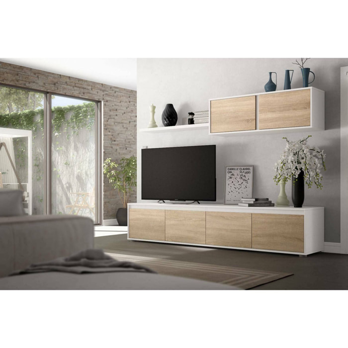 Parete attrezzata Savannah, Mobile da soggiorno porta TV, Composizione set salotto, Set salotto con pensile, cm 200x41h43, Bianco e Rovere