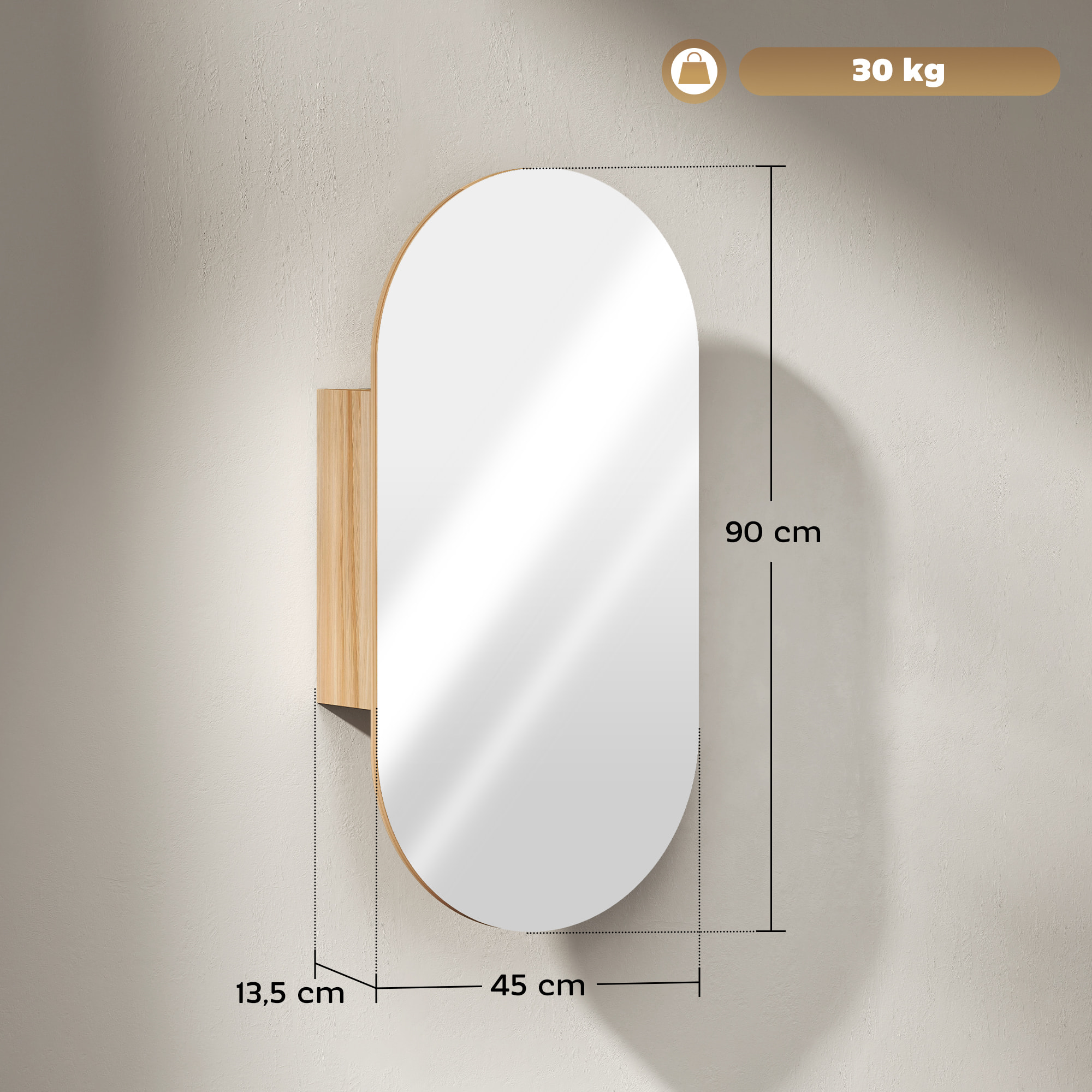 Armoire miroir design ovale dim. 45 x 90 cm étagère effet bois clair