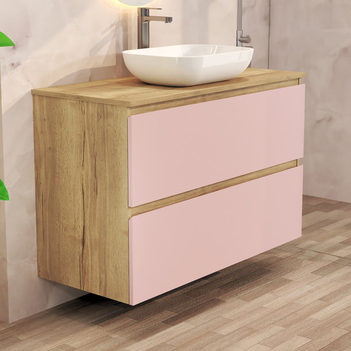 Conjunto de Baño Nia | Mueble Suspendido | 100 cm Rosa | Dos Cajones | Lavabo Sobrepuesto | No incluye Espejo | Mueble Montado| Alday