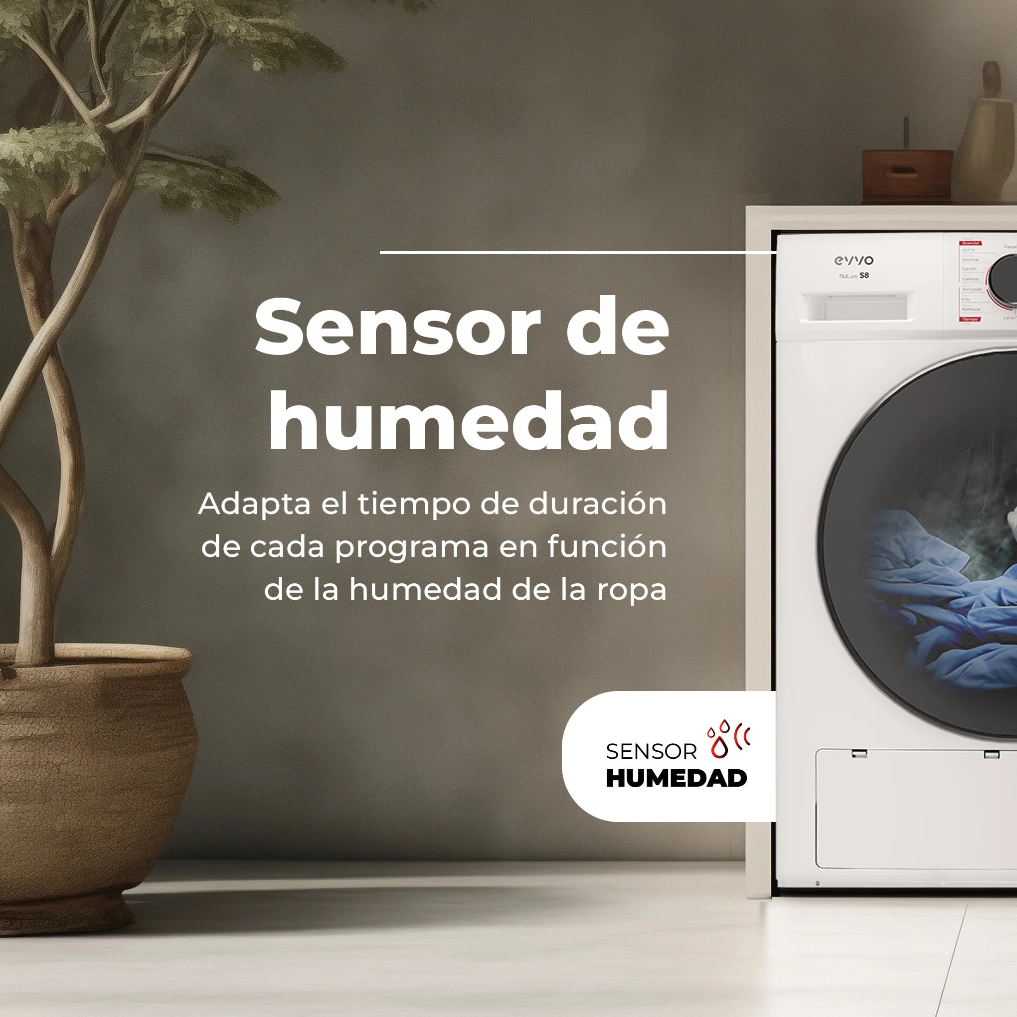 EVVO Secadora 8 kg bomba de calor S8, Clase energética D, Airfresh, Sensor de humedad, Antiarrugas, Inicio diferido, inox