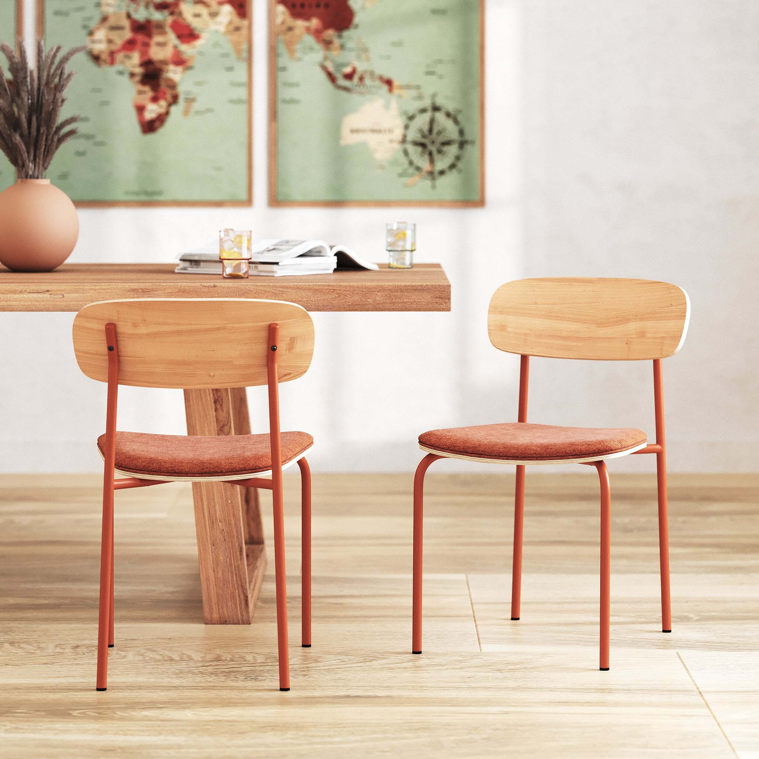 Lot de 2 chaises en bois clair et tissu terracotta - Alba