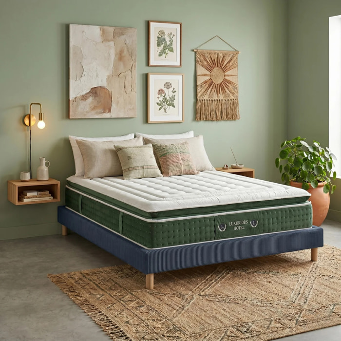 Ensemble matelas Jade & sommier Cancun | Mémoire de forme et ressorts ensachés | Cadre à lattes | Velours côtelé | Bleu nuit