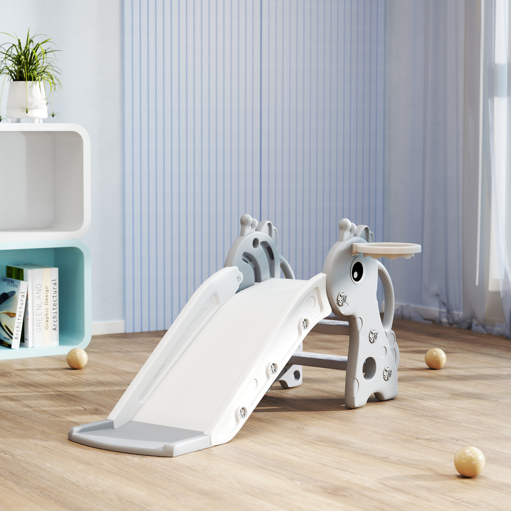 Toboggan enfant design girafon - panier de basket-ball intégré - ballon, pompe inclus - plastique gris blanc