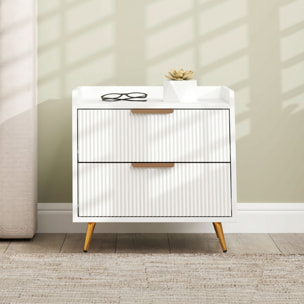 Chevet table de nuit design cannelé doré 2 tiroirs plateau rebord blanc