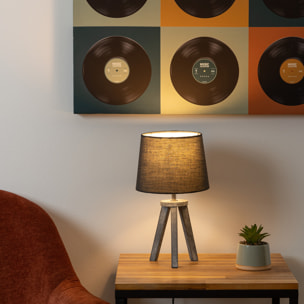 Lampe mini trépied - bois et gris H31 cm