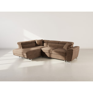 Baoji - Canapé d'angle gauche 5 places convertible avec têtières et coffre en velours côtelé - Marron