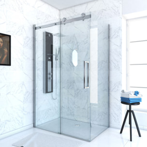 Porte de Douche Coulissante 120x200 cm + Retour 80x200 cm - Aluminium Chromé - Verre Trempé 8 mm