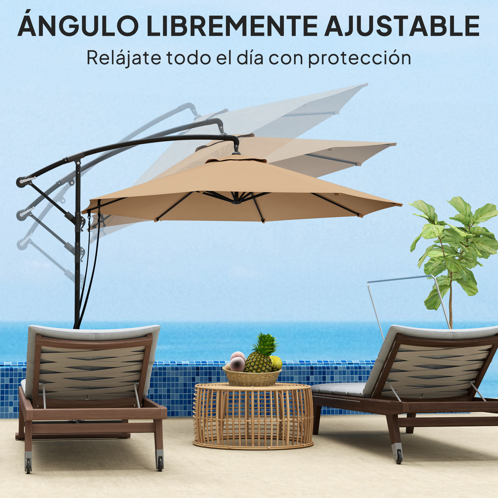 Parasol Excéntrico Ø 290 cm Sombrilla de Jardín con Base Cruzada Manivela Funda para Sombrilla y Cuerda de Viento Anti-UV 50+ Sombrilla para Terraza Patio Caqui