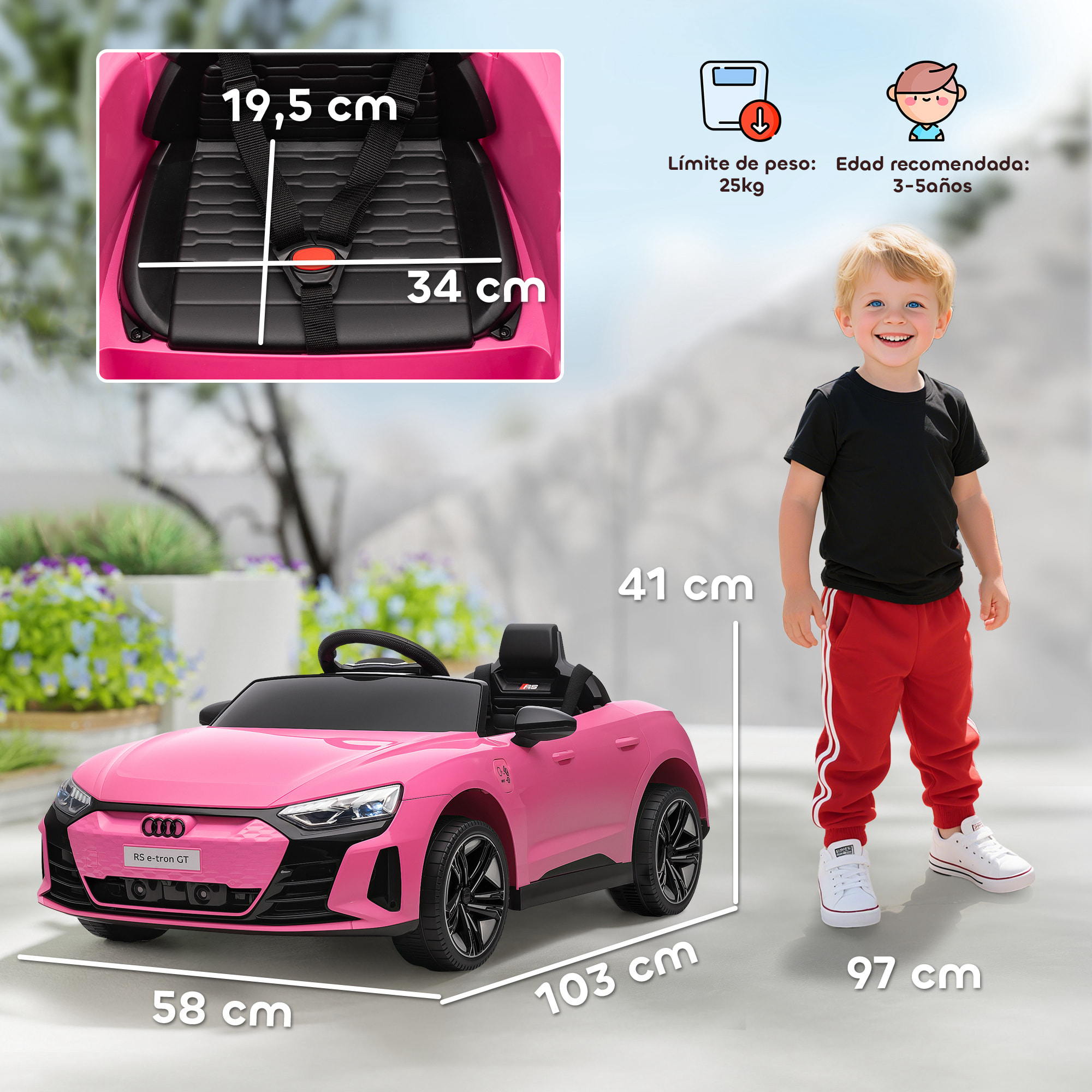Coche Eléctrico para Niños de +3 Años AUDI RS e-tron GT Coche de Batería 12V con Mando a Distancia Faros LED Bocina Música USB y Apertura de Puerta 3-5 km/h Rosa