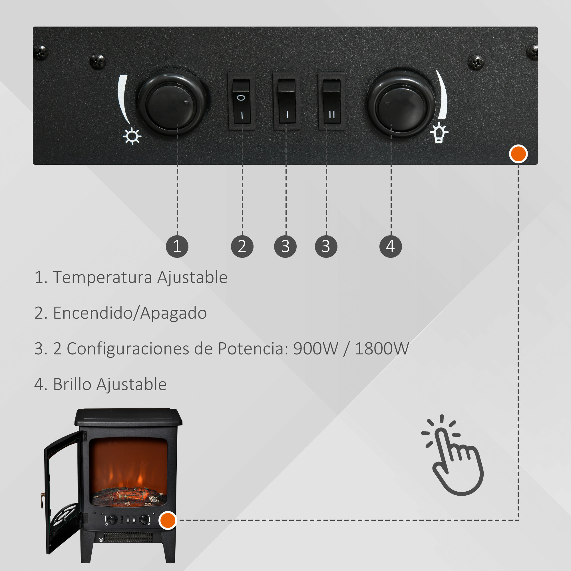 Chimenea Eléctrica Portátil de 900/1800W con Efecto de Llama Termostato Ajustable y Protección Sobrecalentamiento hasta 20 m² 39x26x54,8 cm Negro