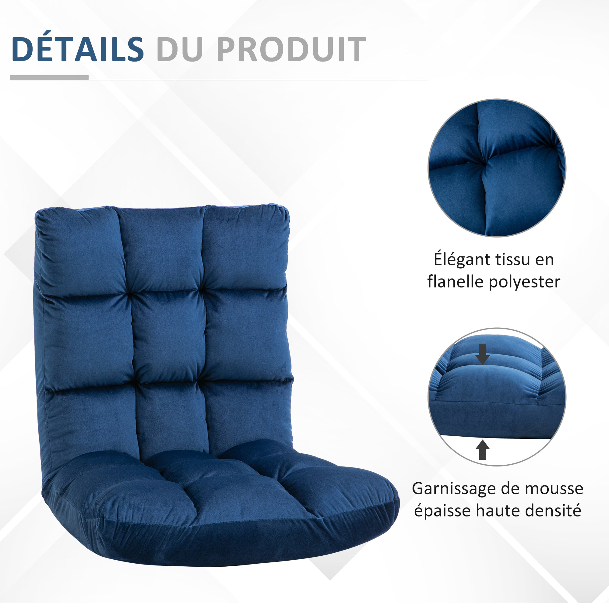 Fauteuil convertible fauteuil paresseux grand confort inclinaison dossier multipositions 90°-180° flanelle polyester capitonné bleu roi