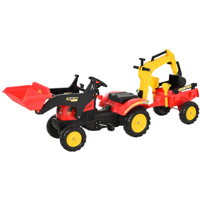 Tractor a Pedales para Niños con Remolque y Pala Frontal Rojo