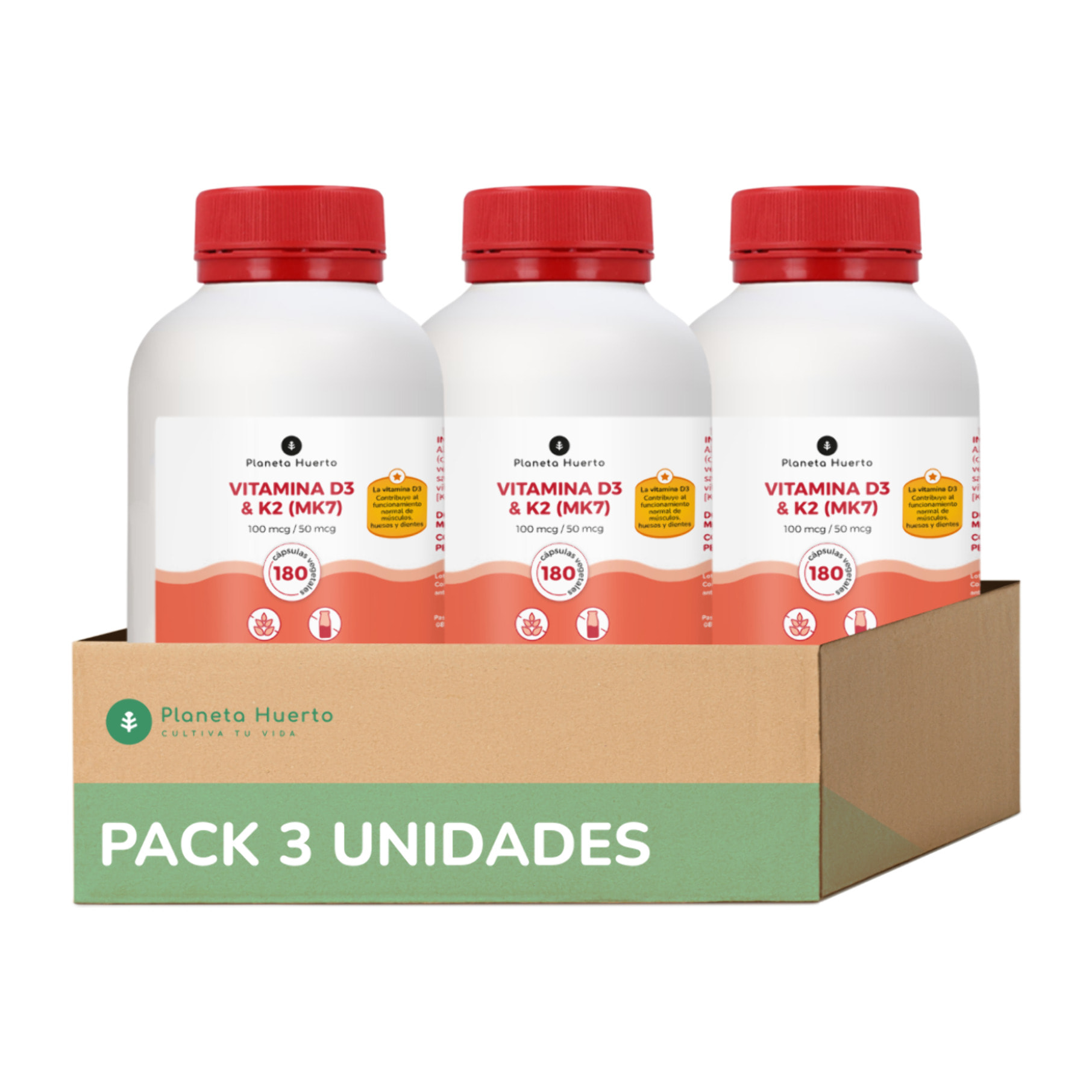 PLANETA HUERTO | Pack 3x Vitamina D3 & K2 (Mk7) 180 Cápsulas – Combinación Óptima para la Salud Ósea – Favorece la Absorción de Calcio y la Mineralización de los Huesos