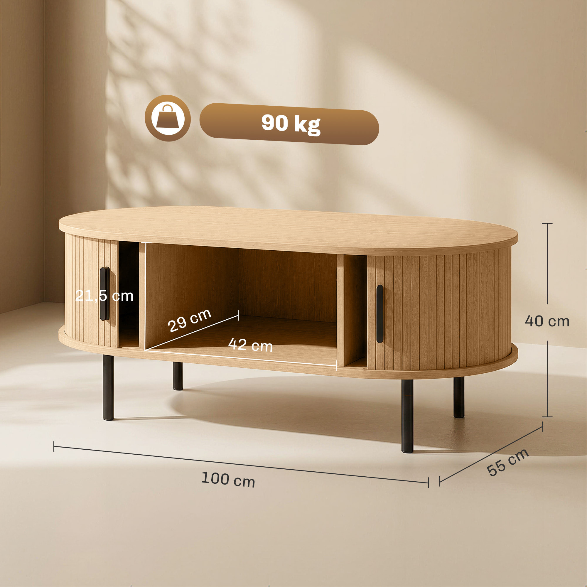 Mesa de Centro con Puertas de Tambor Deslizantes, Mesa de Café Ovalada para Salón con Almacenamiento Oculto y Patas de Metal, Moderno de Mediados de Siglo, 100x55x40 cm, Madera Natural