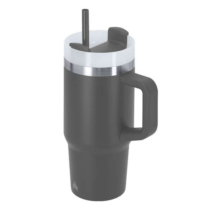 Taza térmica en Acero Inox Reciclado de doble pared y 450 ml de capacidad. Con tapadera de cierre a presión con orificio para beber y tapa deslizante para pajita.