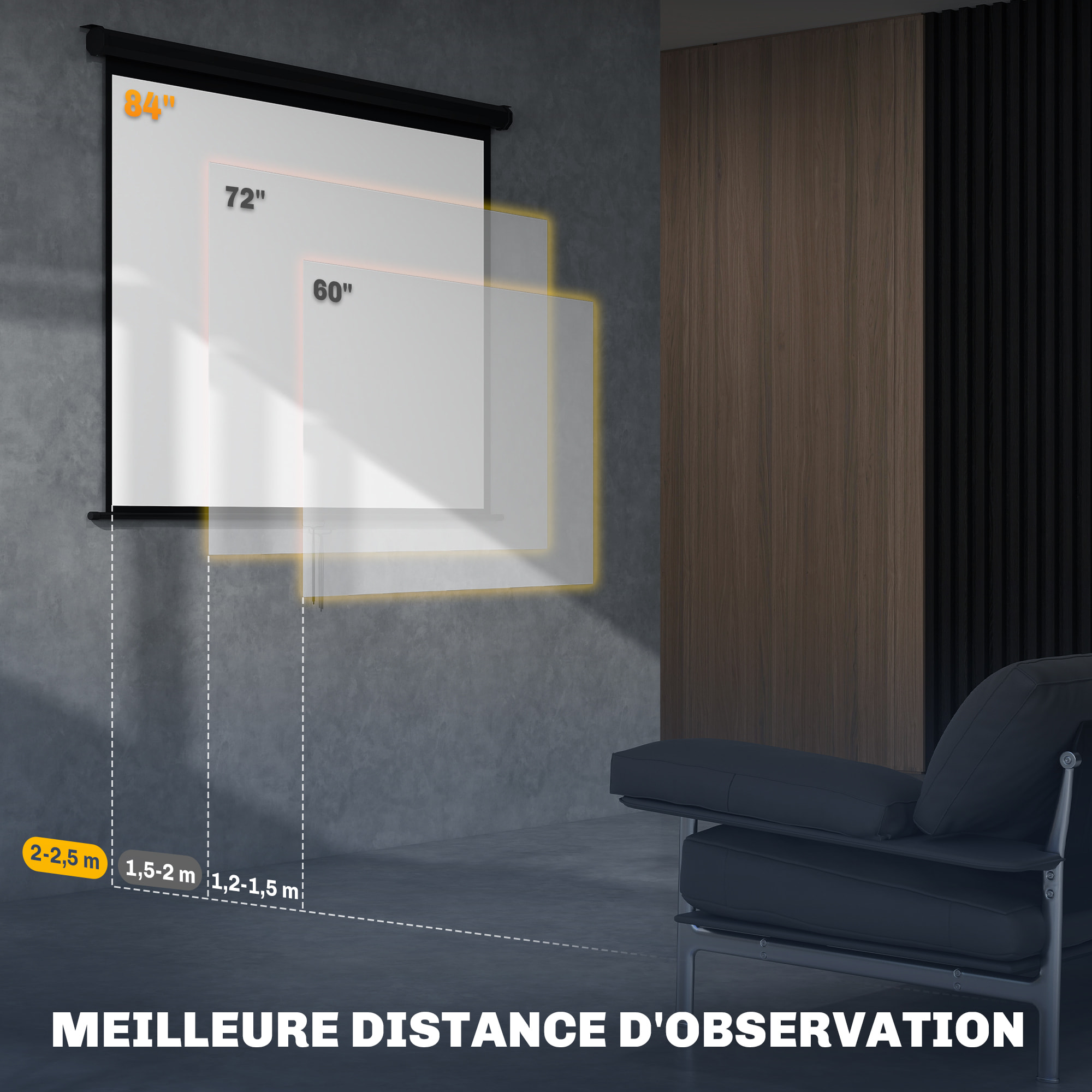 Écran de projection home-cinéma TV format 4:3 84 pouces 4K HD métal PVC noir
