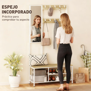 Perchero Zapatero con Espejo, Perchero Entrada Recibidor 4 en 1 con 3 Estantes, Banco, 10 Ganchos Ajustables, Estilo Moderno, para Pasillo, Dormitorio, Salón, 98x34x186 cm, Madera Natural