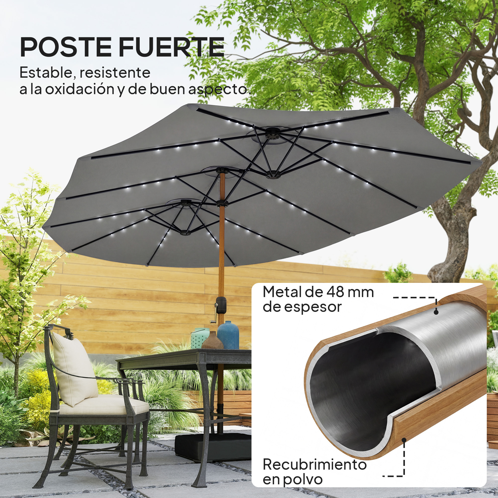 Sombrilla Doble con 48 Luces LED, 4,6x2,6 m, Sombrilla Terraza Exterior con Base Incluida, Manivela, Sacos Arena, Funda, Anti-UV, Resistente al Agua, Parasol para Jardín, Terraza, Gris