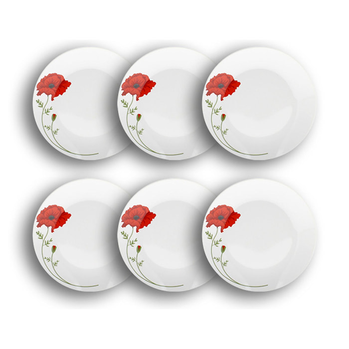 Lot de 6 assiettes à dessert porcelaine blanche avec dessin 19,5cm COQUELICOT