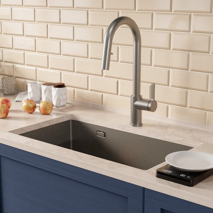 Timeless 68x45x21 cm évier sous plan inox 304 + mitigeur inox avec douchette extractible, gun metal brossé (TMLKSU-6845BGM-M2)
