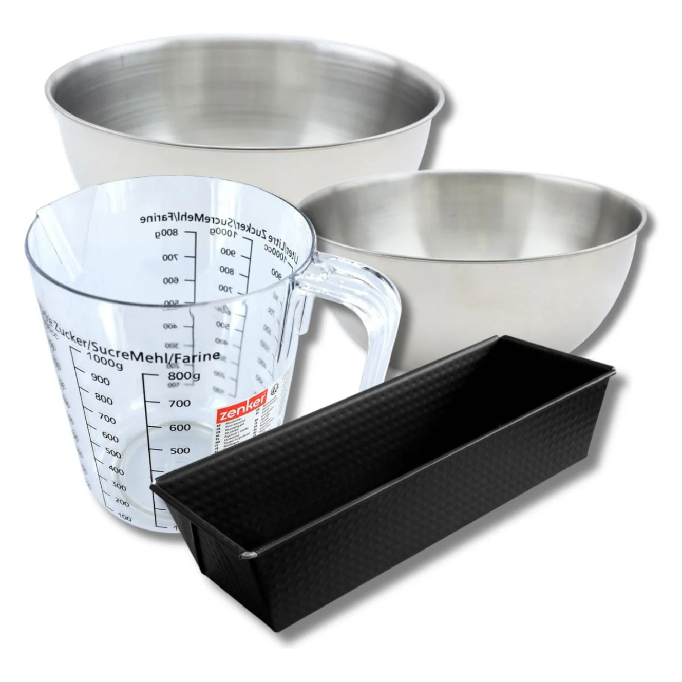 Set pâtisserie avec moule à cake 25 cm, 2 bols à mixer, verre mesureur et spatule Zenker