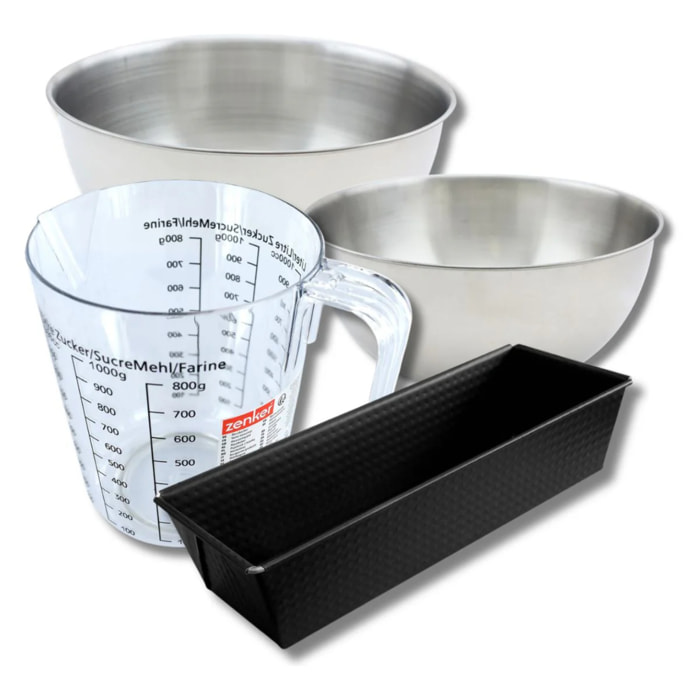 Set pâtisserie avec moule à cake 25 cm, 2 bols à mixer, verre mesureur et spatule Zenker