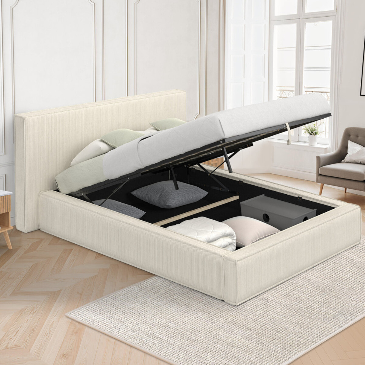 Lit coffre Joyce 160x200cm velours côtelé beige