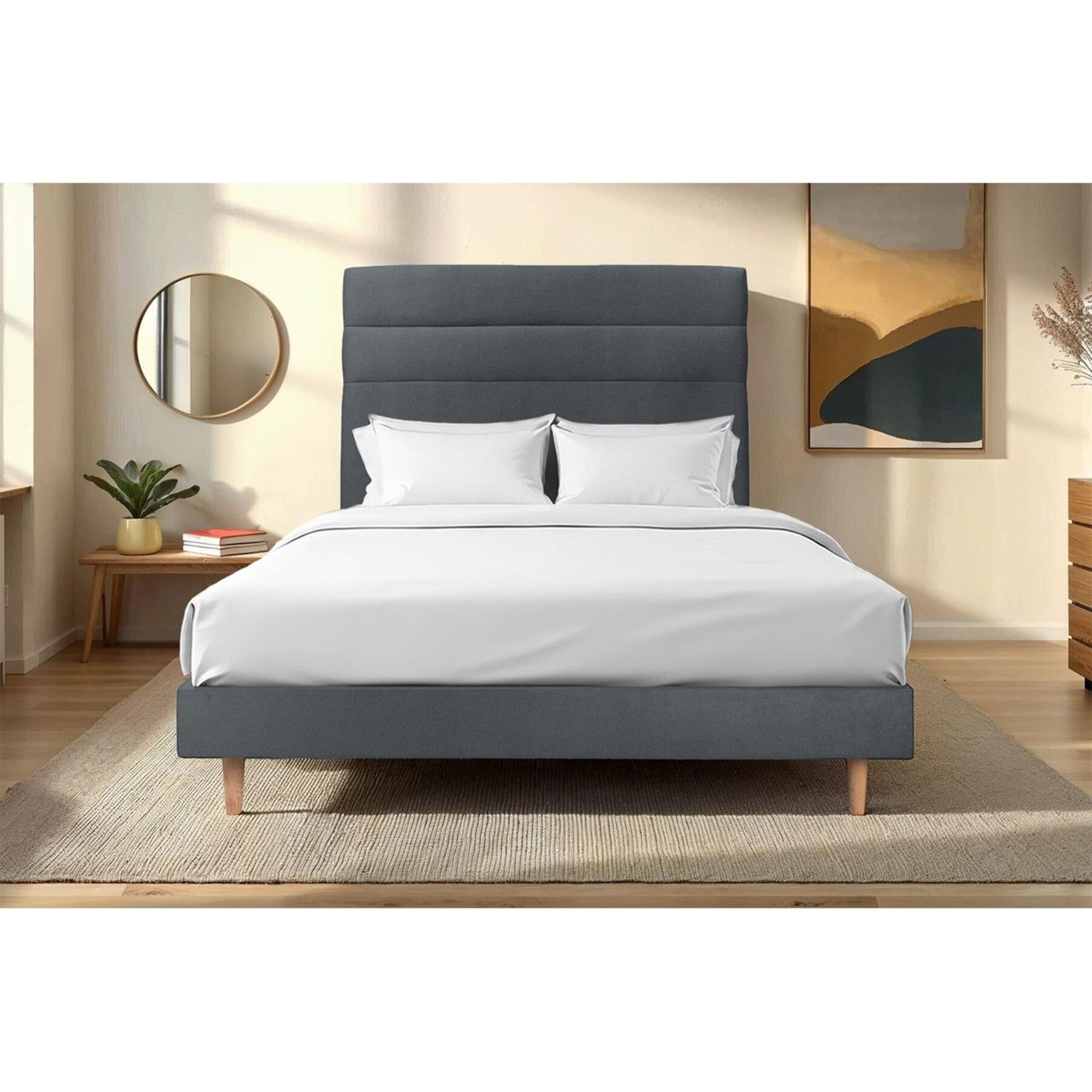 Lit avec tête de lit bandes horizontales velours et sommier kit Ep14