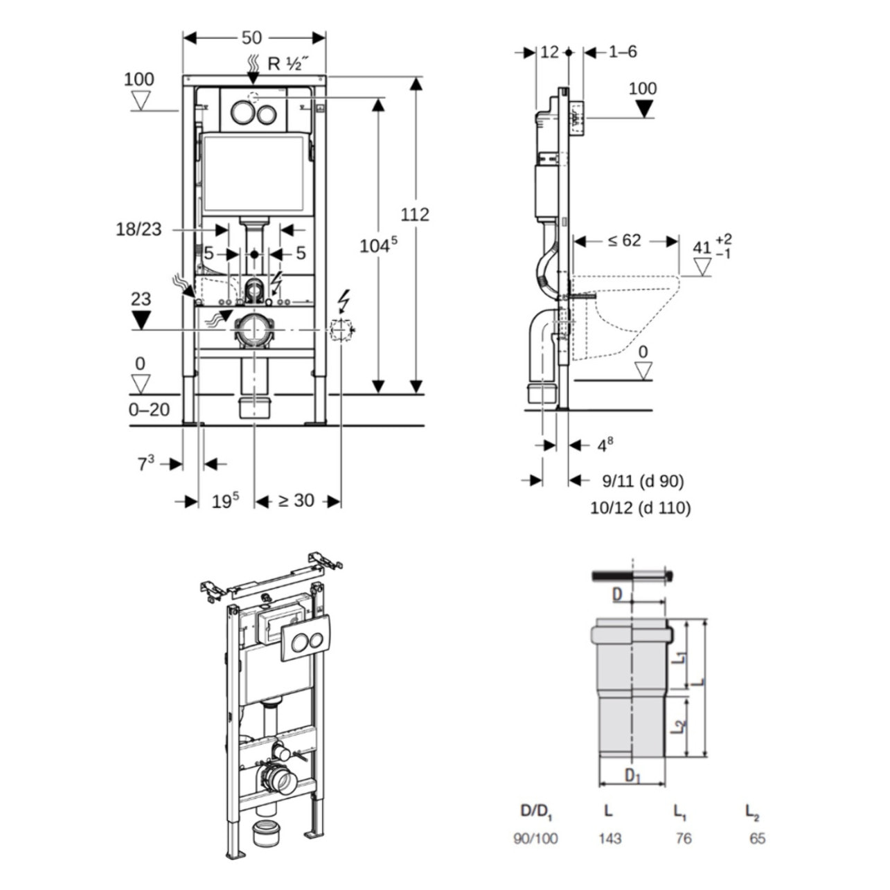 Duofix Pack WC bâti-support 112 cm + WC suspendu sans bride Ceramia avec abattant SoftClose + plaque blanche (GEBCEPXWT02-FR)
